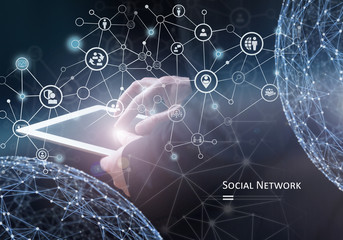 Global connection. Social network concept. Mixed media