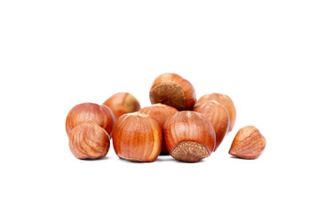 Group fresh hazelnuts isolated on white background