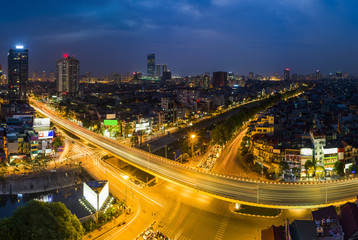 Aerial view of Hanoi skyline cityscape at sunset time at intersection Nguyen Chi Thanh - Lang - Tran Duy Hung street