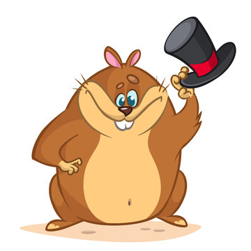 Cute groundhog cartoon with a mayor cylinder. Vector illustration for Groundhog Day