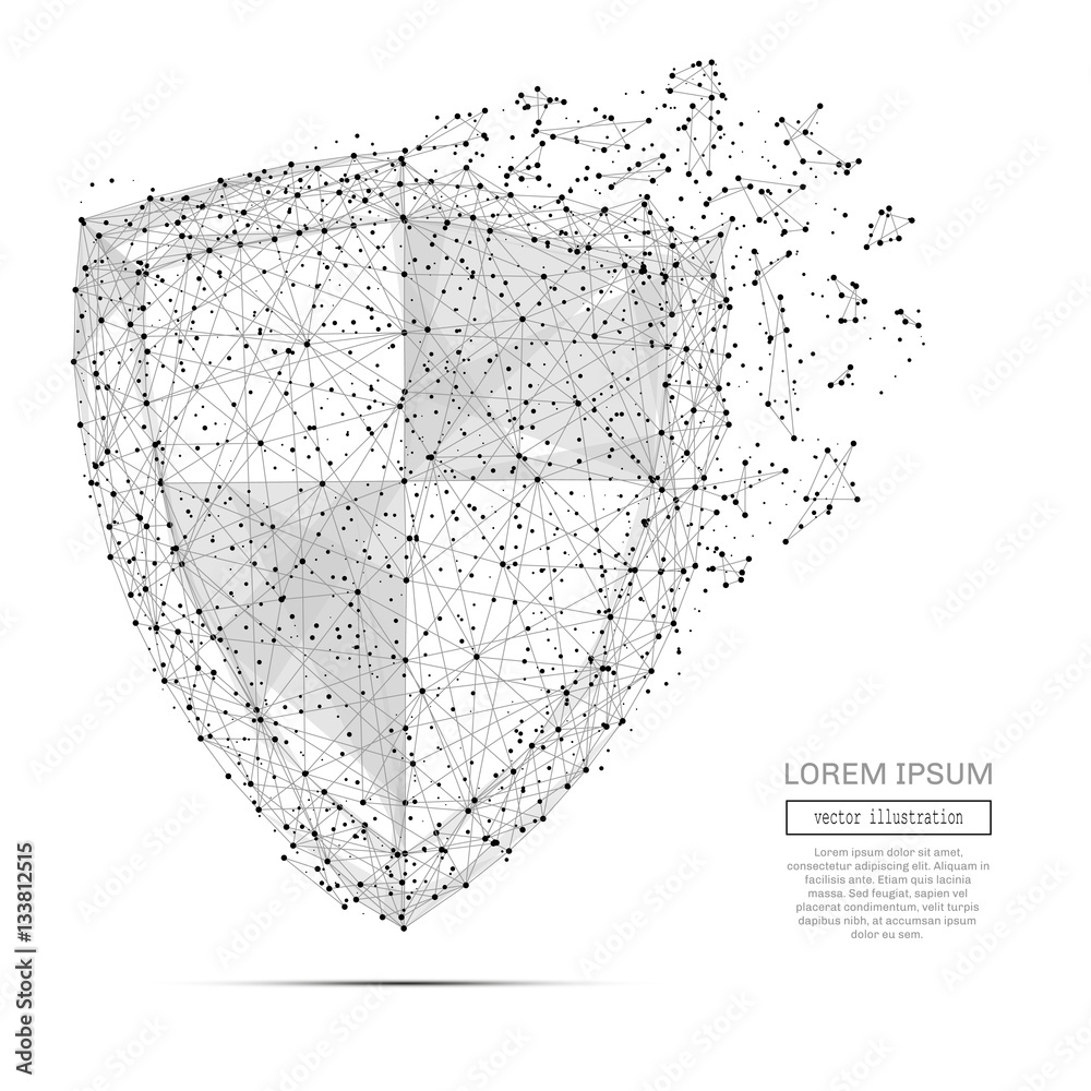 Poster Grey shield with polygon line on abstract background. Polygonal space low poly guard with connecting dots and lines. Connection structure. Vector science background.