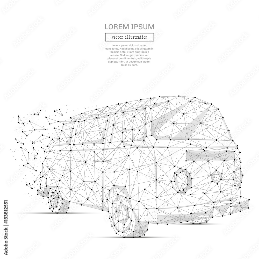Aufkleber Grey Surfer van with polygon line on abstract background. Polygonal space low poly with connecting dots and lines. Connection structure. Vector travel background.