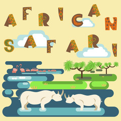 African safari concept with animals, flamingo, hippo. Flat isolated eps10 vector illustration. Eco tourism