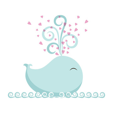 Valentines day banner with cute whale with hearts are gushing forth. Vector illustration eps 10.