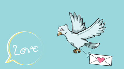 Love letter and pigeon post. Love heart design on envelope for Valentines day. Dove drawing in doodle style.