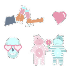 Fashion patch badges with love elements for Valentines day. Vector illustration isolated on white background. Set of stickers, pins, patches in cartoon 80s-90s pop-art style.