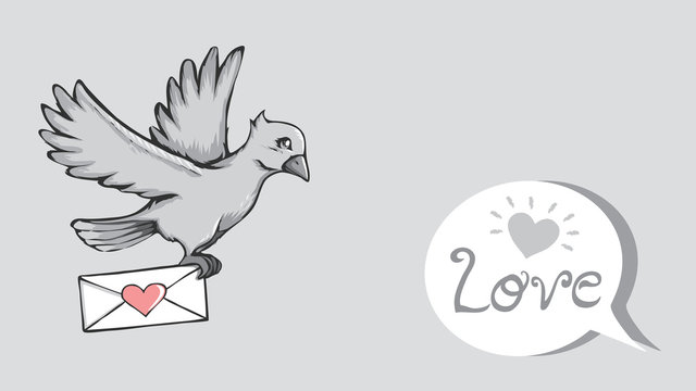 Love letter and pigeon post. Love heart design on envelope for Valentines day. Dove drawing in doodle style.