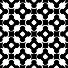Vector monochrome seamless pattern, black & white repeat ornamental texture, endless wallpaper. Abstract mosaic background with simply geometric figures, flowers, cubes, circles. Contrast design