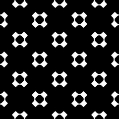 Vector seamless pattern, simple monochrome minimalist background. White perforated crosses on black backdrop, rounded shapes, smooth lines. Modern abstract texture. Design for decoration, prints, web