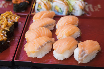 Sushi rolls with salmon and rice. Asian food