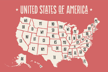 Poster map of United States of America with state names. Print map of USA for t-shirt, poster or geographic themes design. Hand-drawn map with states. Vector Illustration