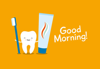 Tooth, toothbrush and toothpaste. Healthy teeth. Good morning