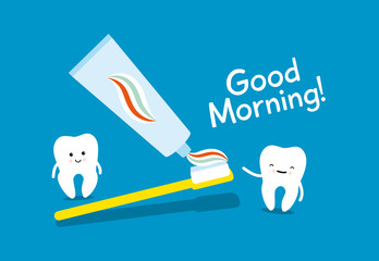 Tooth, toothbrush and toothpaste. Healthy teeth. Good morning