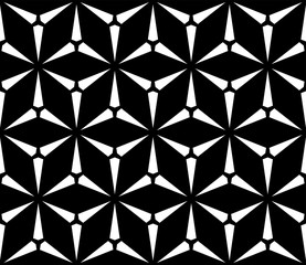 Vector seamless pattern, simple dark geometric triangular texture. Illustration of windmills, fans. Abstract black & white endless background, repeat tiles. Design element for prints, textile, decor