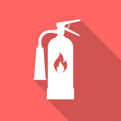Fire extinguisher icon with long shadow. Flat design style. Extinguisher simple silhouette. Modern, minimalist icon in stylish colors. Web site page and mobile app design vector element.
