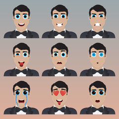 Set of cute bridegroom emoticons.