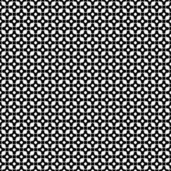 Vector monochrome seamless pattern, black & white repeat ornament texture, endless wallpaper. Abstract mosaic background with simply geometric figures, flowers, cubes, circles. Stylish design element