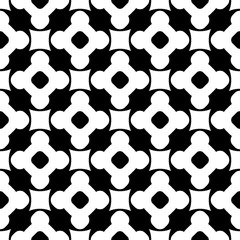 Vector monochrome seamless pattern, black & white repeat ornament texture, endless backdrop. Abstract mosaic background with simply geometric figures, flowers, cubes, circles. Stylish design element
