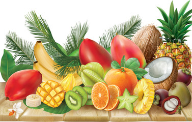Composition of tropical fruits, which include halves and whole fruits on wooden base. Vector illustration