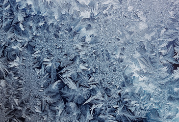 crystal white frost pattern on a cold morning glass