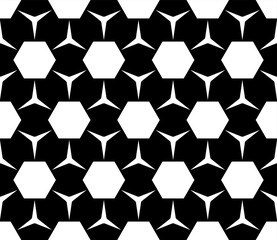 Vector monochrome seamless pattern, simple geometric figures, hexagons & triangles. Repeat abstract black & white background, modern dark endless texture. Design for prints, decor, digital, fabric
