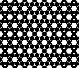 Vector monochrome seamless pattern, simple geometric figures, hexagons & triangles. Repeat abstract black & white background, modern endless texture. Design element for prints, decor, digital, fabric