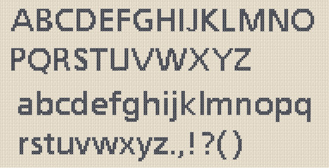 Cross stitch sewn lettering with a frabric texture on a piece of cross-stitch material