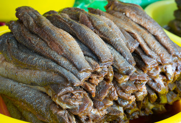 Dried fish with salt and spice added, the popular food for rural people in Mekong delta, south of Vietnam