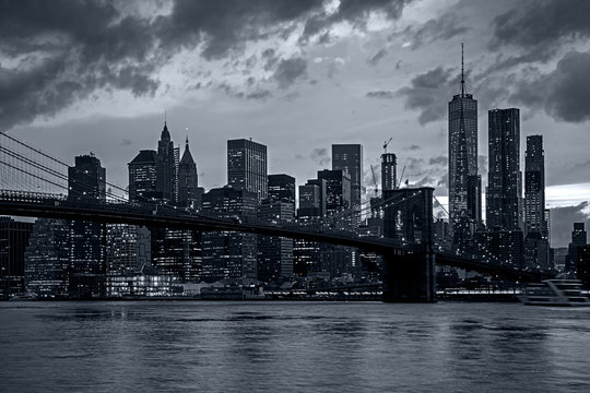 Panorama new york city at night in blue tonality