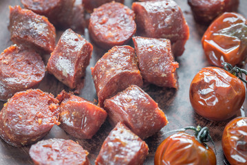 Roasted chorizo with cherry tomatoes