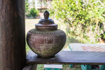 earthen jar. Thailand in ancient times,earthen jar filled with water placed in front of a home for people who commute to drink.