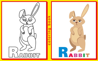 Coloring Book for Kids with letters and words. Litter R. rabbit.