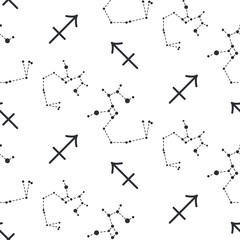 Sagittarius constellation seamless vector pattern. Zodiac symbol black and white background.