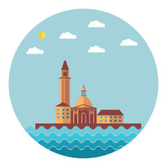 Naklejka premium Vector flat with the image of building on water.Flat landscape with the image of the houses standing at water