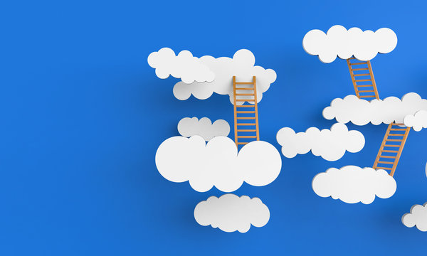 Paper clouds white on blue background and mockup orange stair Art Inspiration / art inspiration from heaven