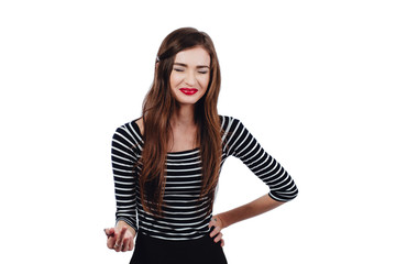 Obraz premium Emotional portrait Cute beautiful girl artist. . White background, isolated. Red lips, long hair brunette.