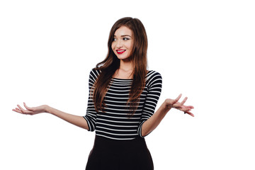 Emotional portrait Cute beautiful girl artist. . White background, isolated. Red lips, long hair brunette.