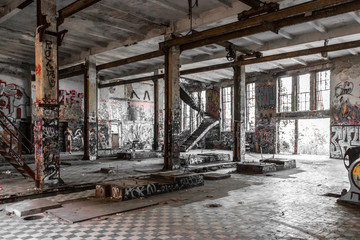 Empty room in abandoned factory ruin