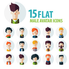 Set of flat people icons. Male faces avatars
