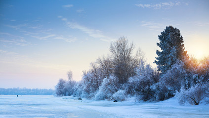 art beautiful winter background; winter landscape On A Hoar Fros
