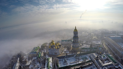 aerial view Kiev-Pechersk Lavra in winter fog