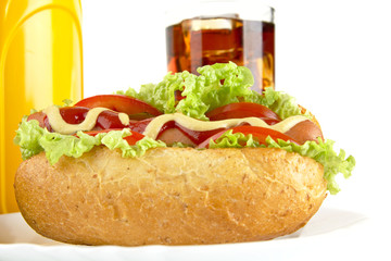 Hotdog on plate with french fries with cola