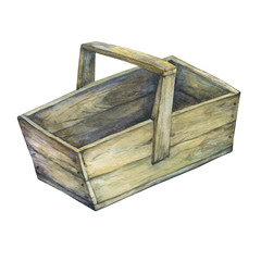Basket from wood. Hand drawn watercolor painting on white background.
