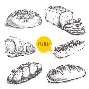 Vintage hand drawn sketch fresh style bakery set. Bread, cream roll tube, eclair on white background.