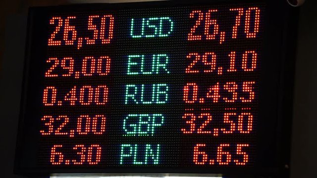 LED screen with currency exchange rates, financial info, foreign currency sale - Powered by Adobe