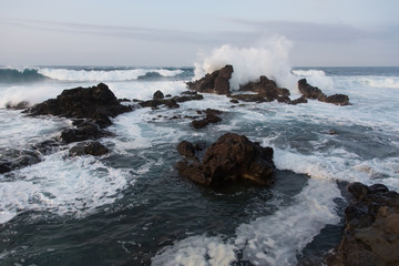 Hawaii, Küste, Wellen, Steine, Meer, Wasser, Sonnenuntergang, USA