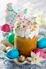 The traditional Easter treats: cakes and colorful easter eggs on