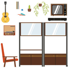 Domestic interior isolated objects in the style of 70's illustration