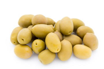Green big olives on the white background.