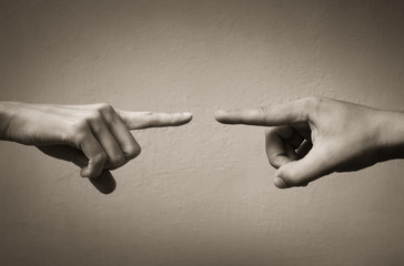 Fingers pointing at each other. People arguing and fighting concept.  - obrazy, fototapety, plakaty